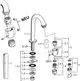 Schematic drawing eines Einhebelmischers von HANSA, zeigt die Bauteile und Assemblierung, einschließlich Rohre und Dichtungen. Teile sind nummeriert und eindeutig identifizierbar.